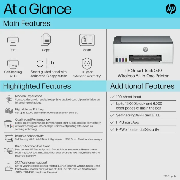 HP Smart Tank 580 All-in-One WiFi Colour Printer | 1 Extra Black Ink Bottle | 1+1 Year Extended Warranty on Registration| Up to 8000 Black & 6000 Colour Prints I Print,Scan & Copy for Office/Home